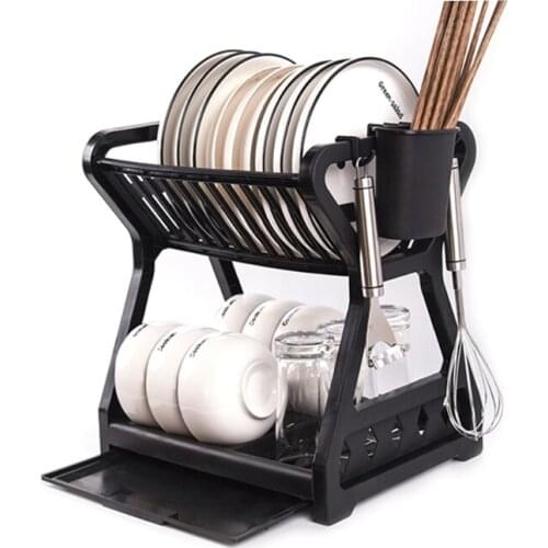 Double-layer Kitchen Dish Bowl Draining Storage Rack Basket with Chopstick Cage G32A