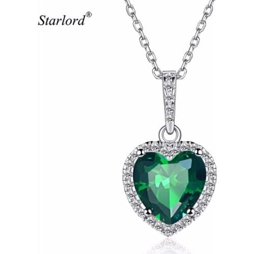Heart Birthstone Necklace Gift For Women 925 Sterling Silver Emerald CZ Solitaire Necklace For Wedding/ Birthday P13168