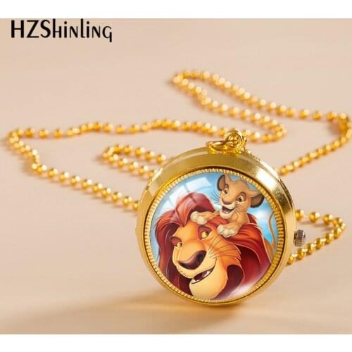 The Lion King Simba cartoon Pattern Gold Color Pocket Watch Glass Cabochon Pendants Fashion Jewelry Necklace