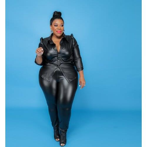 ChocoMisty-LadyPlus Plus-size Sets Faux Leather Shirt Collar Buttons Pants Set F098