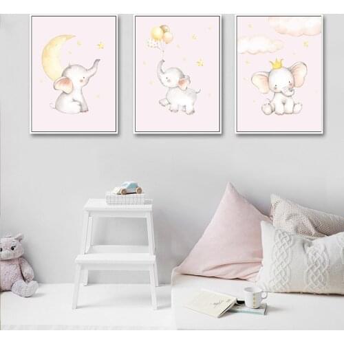 Lovely Baby Nursery Wall Art Canvas Poster Print Cartoon Pink Elephant Nordic Kids Decoration Picture Painting Child Room Decor
