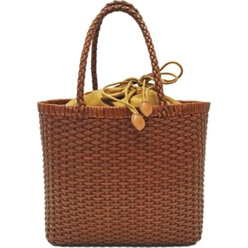 Retro fashion trend vegetable basket bag Genuine Leather Women Shoulder Bag summer Casual Inner Fabric Shopping Bag