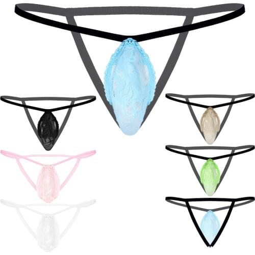 Men G-String Thongs Underpants Breathable Seamless Soft Comfort See-Through Lace Bulge Pouch Low Rise Open Butt T-Back Underwear