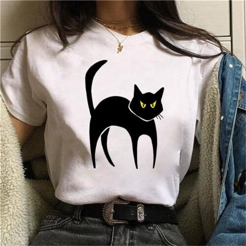 New hot sale printed kawaii cartoon casual womens t-shirt cute black cat short sleeve summer shirt