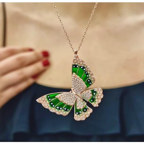 Green Double Butterfly 925 Sterling Silver, Gold, Rose Plated Zircon Necklace For Women Girls Handmade Elegant Minimalist