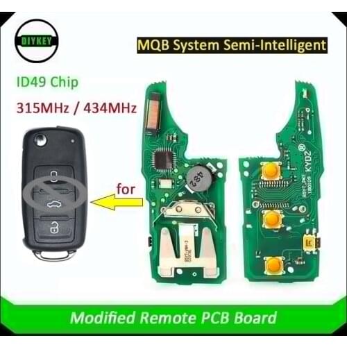 DIYKEY MQB System Semi-Intelligent Modified Remote PCB Board 3 Button ASK 315MHz / 434MHz ID49 Chip for VW