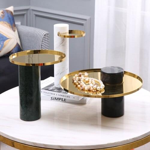 Luxury Home Hotel Living Room Coffee Table Decoration Ornament Modern Black Green White Cylindrical Marble Metal Tray Storage