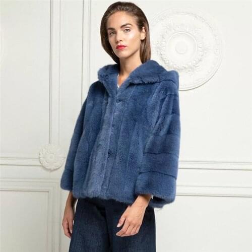Women Fashion Blue Genuine Mink Fur Jacket with Hood Casual Woman Winter New Real Mink Fur Coat Outwear Luxury Fur Coat Natural