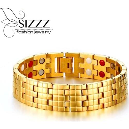 SIZZZ 2017 Vintage Titanium Steel Gold Color Health Magnet Round Shape Bracelet&Bangles For Men
