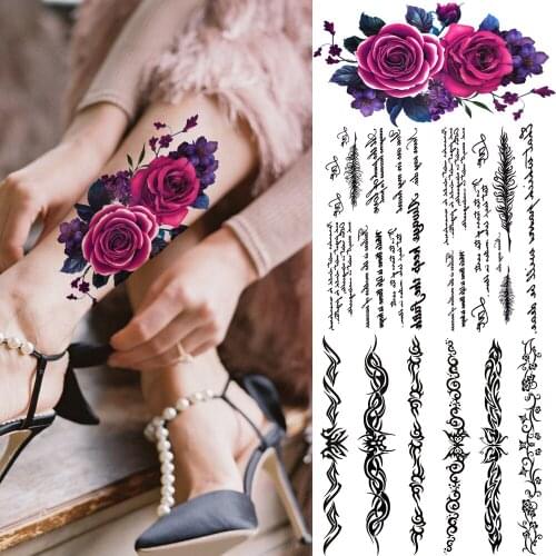 Vintage Violet Rose Large Temporary Tattoos For Women Adults Quotes Fake Face Tattoo Sticker Realistic Thorns Waterproof Tatoos