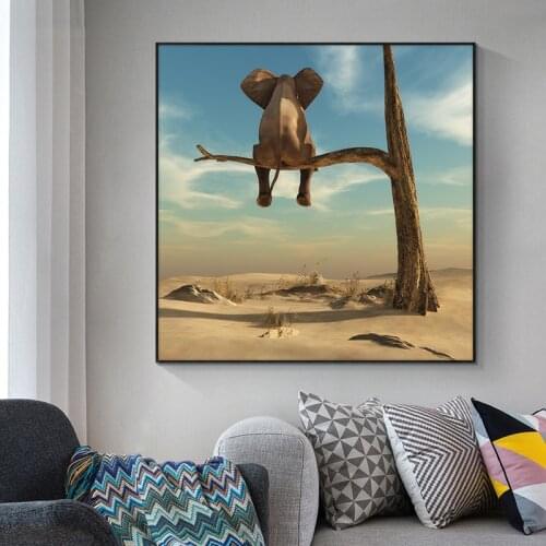 Funny Little Elephant on Tree Modern Canvas Painting Wall Art Animal Pictures Nordic Posters and Prints for Kids Room Home Decor