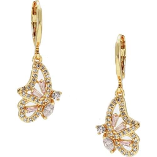 Yellow Gold Tone White Pink Zircon Hollow Butterfly Wing Earrings for Women 2021