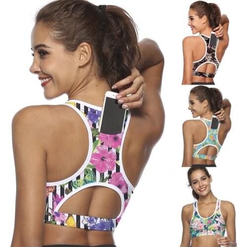 Womens Sports Bra With Mobile Phone Pocket Printed Yoga Vest Fitness Running Gym Shockproof Ladies Bra Seamless Sports Tops