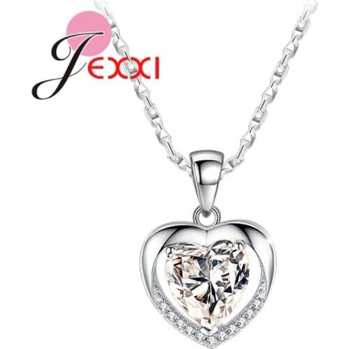 Fancy Heart Clear Crystals Filled Pure 925 Sterling Silver High Quality Pendant Necklace Women Banquet Party Accessories