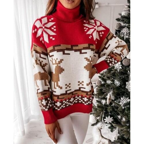 Turtleneck Elk Winter Christmas Jacquard Long Sleeve Round Neck Knitted Sweater Red Loose Pullover Green Casual Womens Top
