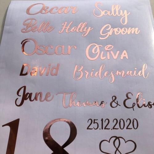 8 names Personalised Rose Gold Name Sticker Baubles Vinyl Wine Glass Water Bottle Decal