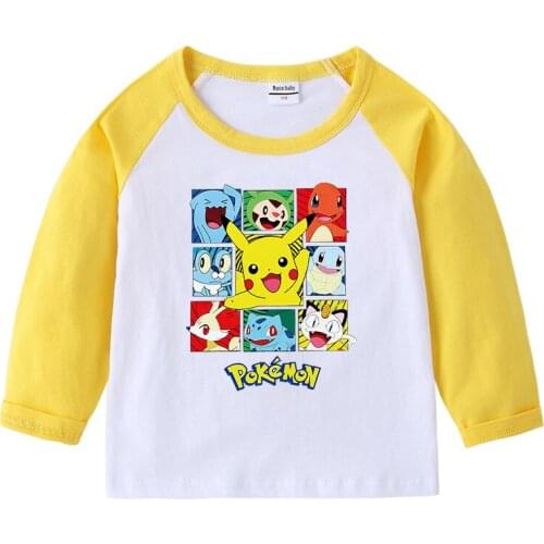 Pokemon 100% Cotton Children Clothes Soft Long Sleeve Shirt Pikachu Kids T-shirt Cartoon Boys Top Fashion Girls Tops Kid Clothes