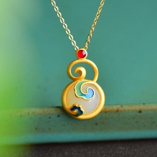 Designer original new ancient gold inlaid round chalcedony and Tian jade small gourd necklace pendant elegant ladies jewelry