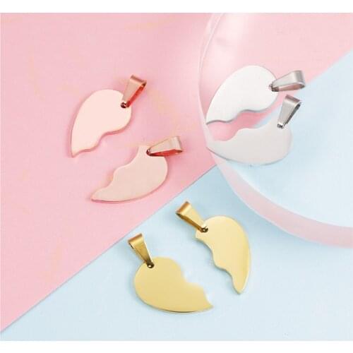 Fnixtar 10Pairs Stainless Steel Broken Heart Charms Custom Name Stitching Heart Matching Two Halves Heart Charms For Necklace