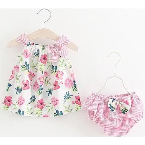 Infant Toddler Girls Clothing Sets Summer Bow Flower Floral Clothes Sleeveless Tops + Shorts Newborn Kids Cotton Wear For 1 Year