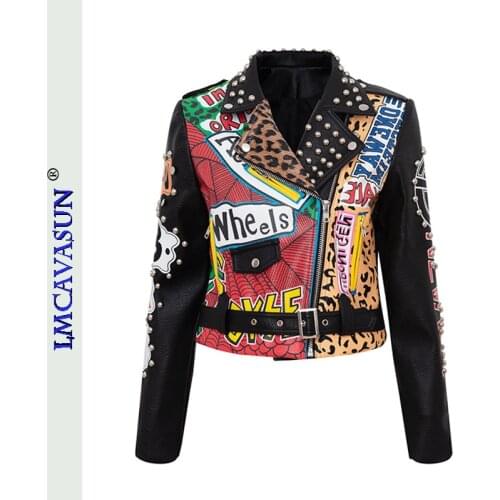 LEIMEICHEN PU Leather Jacket Women Rivet Punk Rock Jacket Biker Motorcyclist Leopard Short Coat Leather Top S—3XL MT-28812