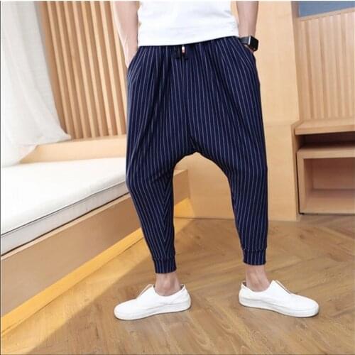 M-3xl Summer New Men Stripe Casual Pants Harem Pants Pants Flying Squirrel Trousers Hairstylist Fashion Tide Ankle Length Pants