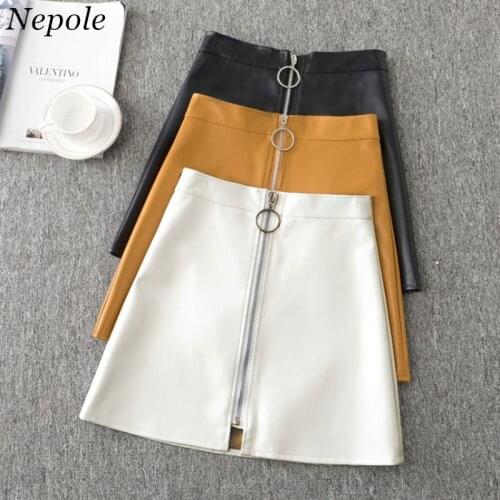 Neploe 2021 Spring Autumn New Fashion Cool Girl Skirt PU Leather Zipper Women Jupe Solid Faux Leather Vintage Mini Skirts 69620
