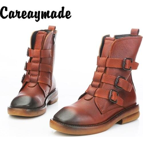 Careaymade-New Genuine leather retro womens boots side zipper Martin boots handmade belt buckle mid tube bare single boots