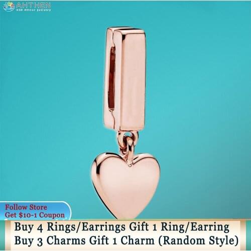 Ahthen 925 Sterling Silver Bead Rose Heart Dangle Clip Charm fit Original Pandora Bracelets for Women Jewelry Making Girl Gift