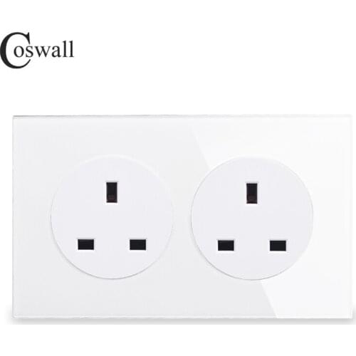Coswall Crystal Tempered Pure Glass Panel 13A 2 Gang UK Standard Wall Power Socket Grounded With Child Protective Lock 146 Type