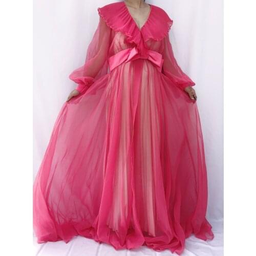 Pink Women Night Robe With Belt Photography Sleepwear Custom Made Long Sleeves Ruched Tulle Maternity Photoshoot Bathrobe