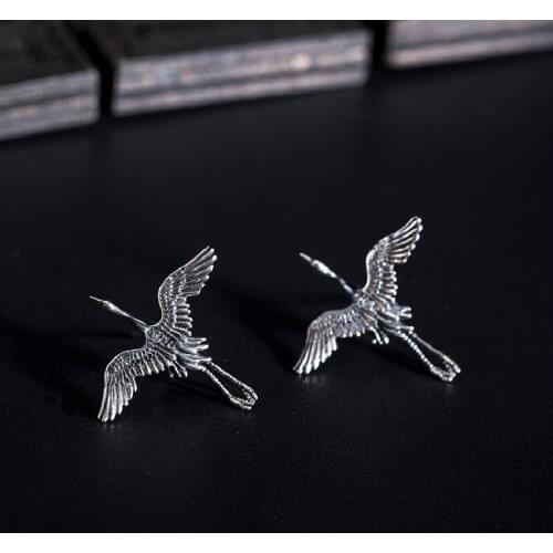 S925 Sterling Silver Clear Sky Flying Crane Earrings Female 2021 New Wave Classical Ethnic Style Earrings