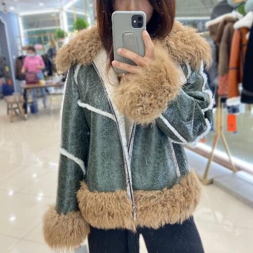 Women Natural Sheep Fur Coat Winter Warm Fashion Sheepskin Outwear Lamb Fur Collar And Cuff