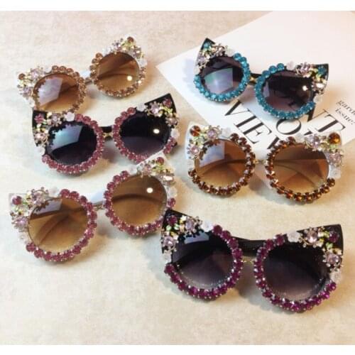 Cute Cat Eye Diamond Women Sunglasses Luxury Female Sun Glasses UV400 Colorful Crystal Vintage Shades Gafas de sol