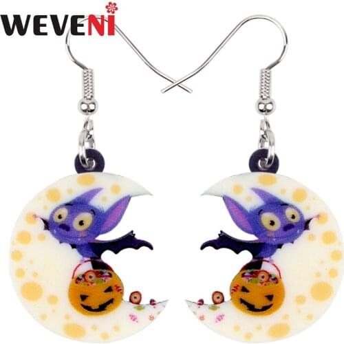 WEVENI Acrylic Halloween Happy Bat Pumpkin Moon Earrings Drop Dangle Trendy Anime Jewelry For Women Girls Female Cute Charms