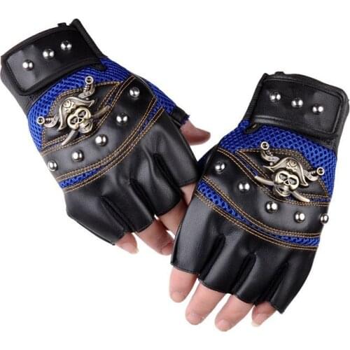 PU Leather Skeleton Cycling Gloves Half Finger Pirate Skull Gym Fitness Rivet Mens Gloves Sports Mountain Bicycle Bike Gloves