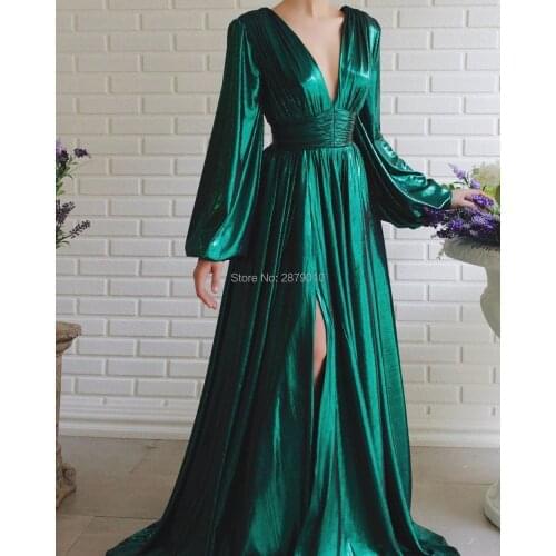 Elegant Green V-Neck A-Line Evening Dress Floor-Length Long Sleeves Prom Dress Slit Robe De Soiree Aibye Middle East Arabia