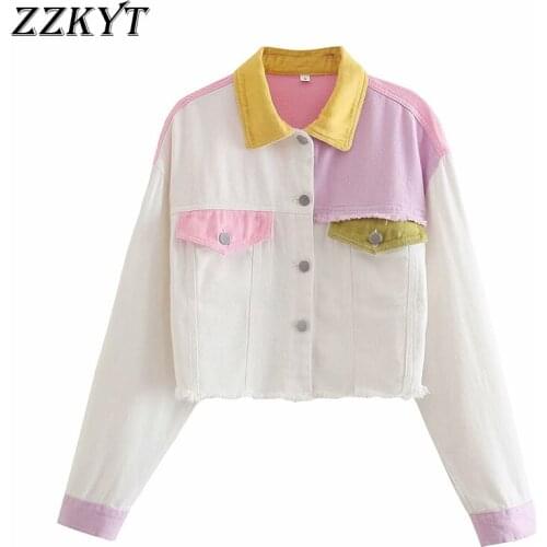 ZZKYT 2021 Women Spring Vintage Color Patchwork Short Jacket Coat Fashion Single Breasted Pockets Outerwear Casual Chic Tops