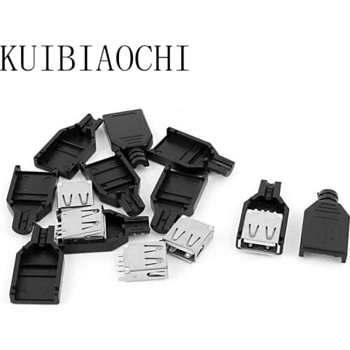 New 10pcs Type A Female USB 4 Pin Plug Socket Connector With Black Plastic Cover
