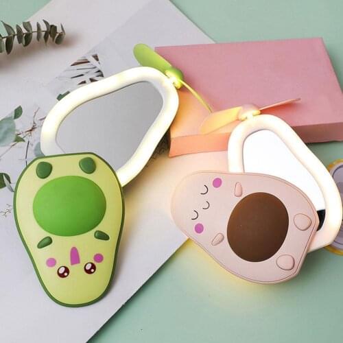 2 in 1 Avocado Shape Mini Multifunctional LED Makeup Mirror Portable Fan Three Ways Fill Light Handheld Practical Make-up Mirror