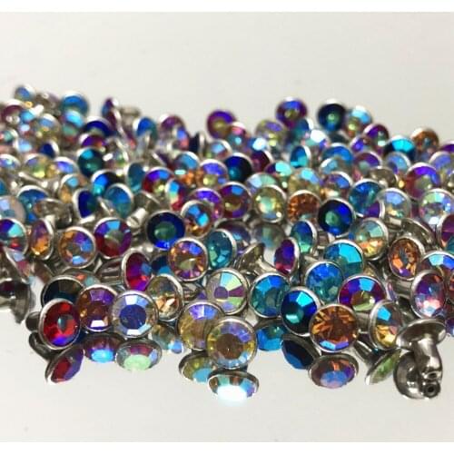 6MM 50 Sets CZ++ Multi Color AB Plated Rivets Silver Plated Studs Assorted Cabochon Rivets for DIY Leather-Craft Making