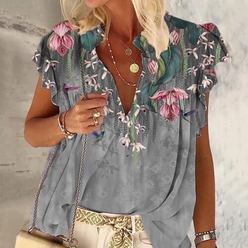 Boho Floral Printed Blouse Womens Casual Plus Size Loose Summer V-neck Short Sleeve Top Elegant Vintage Pullover Shirts