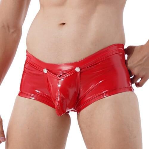 Patent Leather Boxer Briefs Men Hollow Out Glossy Removable Bulge Pouch Underwear Stage Show Wet Look Low Rise Shorts Large Size