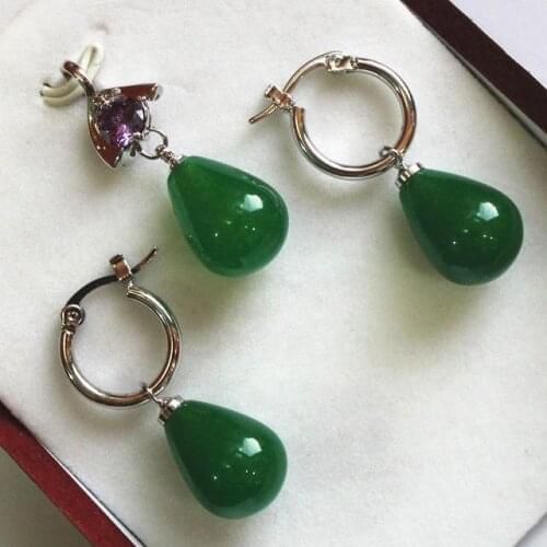 Hot sell ~~ perfect match new jewelry 12*16mm green jade pendant, earring set