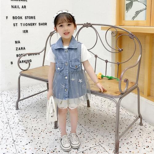 2021 Girls Early Summer Models Denim Stitching Blue Vest Cotton Girls Lapel Middle And Small Childrens Babies