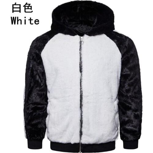 Mens Winter New Sweater Casual Mens Black and White Contrast Fleece Warm Hooded Jacket