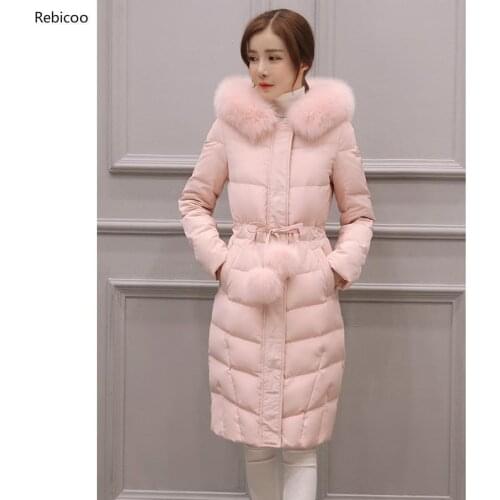 New winter Jacket women long-sleeved hooded cotton coat women over knee length hair ball fashion Pink jacket outerwear parka
