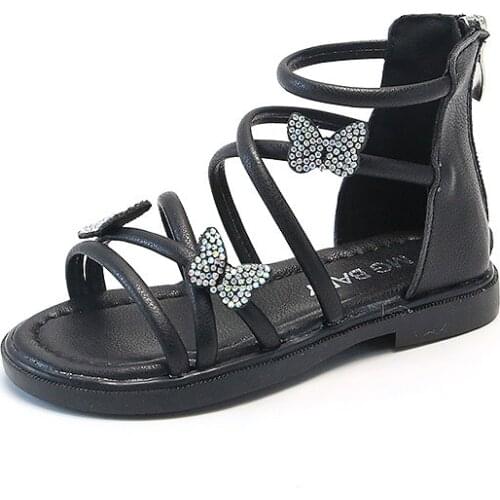 2021 summer new girls sandals with rear zipper rhinestone butterfly soft shoes gladiator fashion style princess shoes flat shoes
