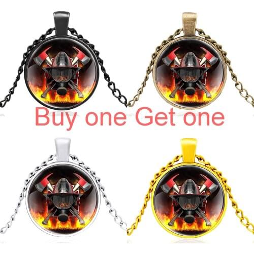 2021 New Arrival Firemen Design Black Glass Dome Pendant Necklace Men Women High Quality Charm Jewelry Accessories Gifts
