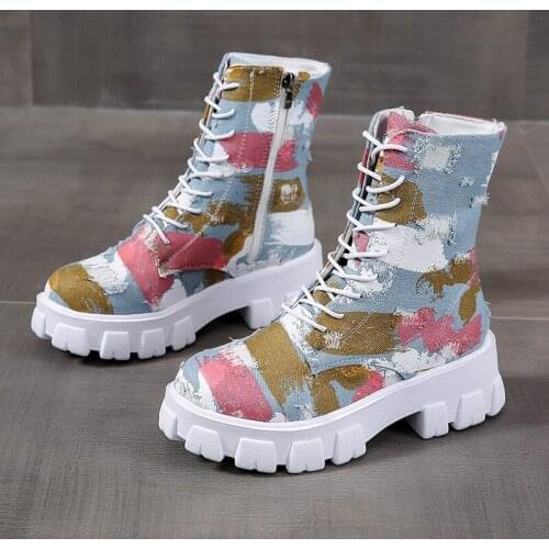 New Cowboy Motorcycle boots Boots Womens Autumn Female Creepers Casual Thick-Soled Shoes Ladies Lace Platform Punk Ankle Bootie